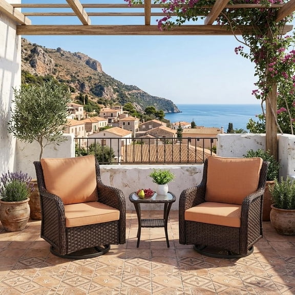 3-Piece Outdoor Wicker Patio Furniture Set, 360° Swivel Rocking Chairs with 4" Cushions and 2-Tier Tempered Glass Table, All-Weather for Porch, Deck, Balcony