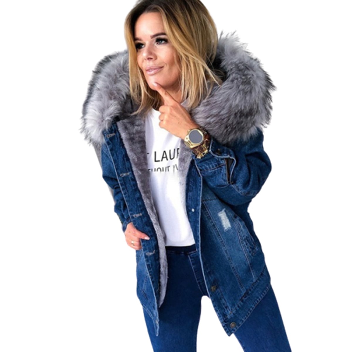 Sidefeel Women Denim Faux Fur Long Sleeve Lapel Collar Oversized Coat Outwear