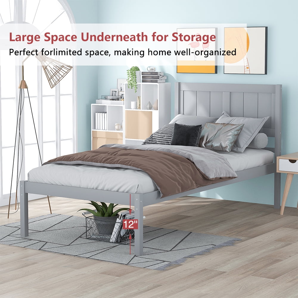 Buy Gray Single Wood Bed Frame, Twin Size Bed Frame with Headboard
