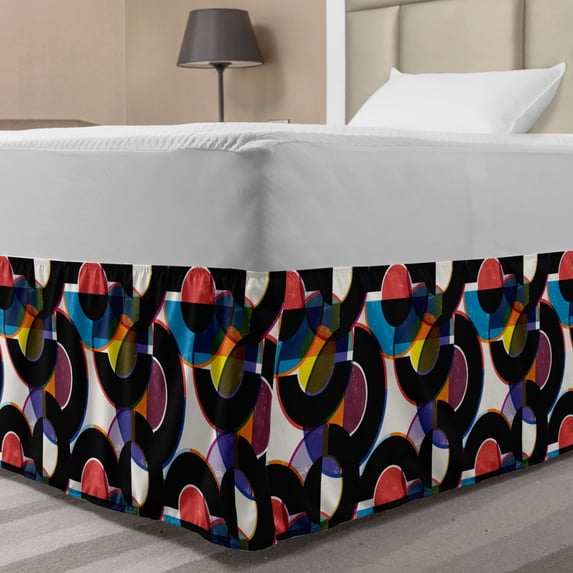 Retro Bed Skirt, Geometrical Theme Abstract Shapes and Colorful Circles in Vintage Style Theme, Elastic Bedskirt Dust Ruffle Wrap Around for Bedding Decor, 4 Sizes, Multicolor, by Ambesonne