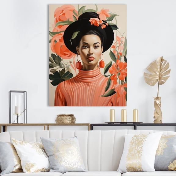 Designart "Mid-Century Muse Pink African American Woman II" Fashion Canvas Wall Art - Glam Pink Woman African Living Room Canvas Art