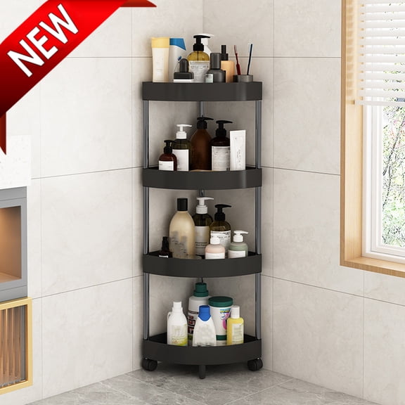 Bxaolu Corner Shower Caddy Organizer - 4 Tier Floor Standing Shower Organizer, Plastic Metal Splicing Corner Shower Shelf with Rolling Wheels for Home Bathroom