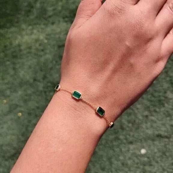 5Ct Emerald Cut Lab Created Green Emerald Gorgeous Classic Chain Bracelet For Women's 14K Yellow Gold Plated Silver 7"