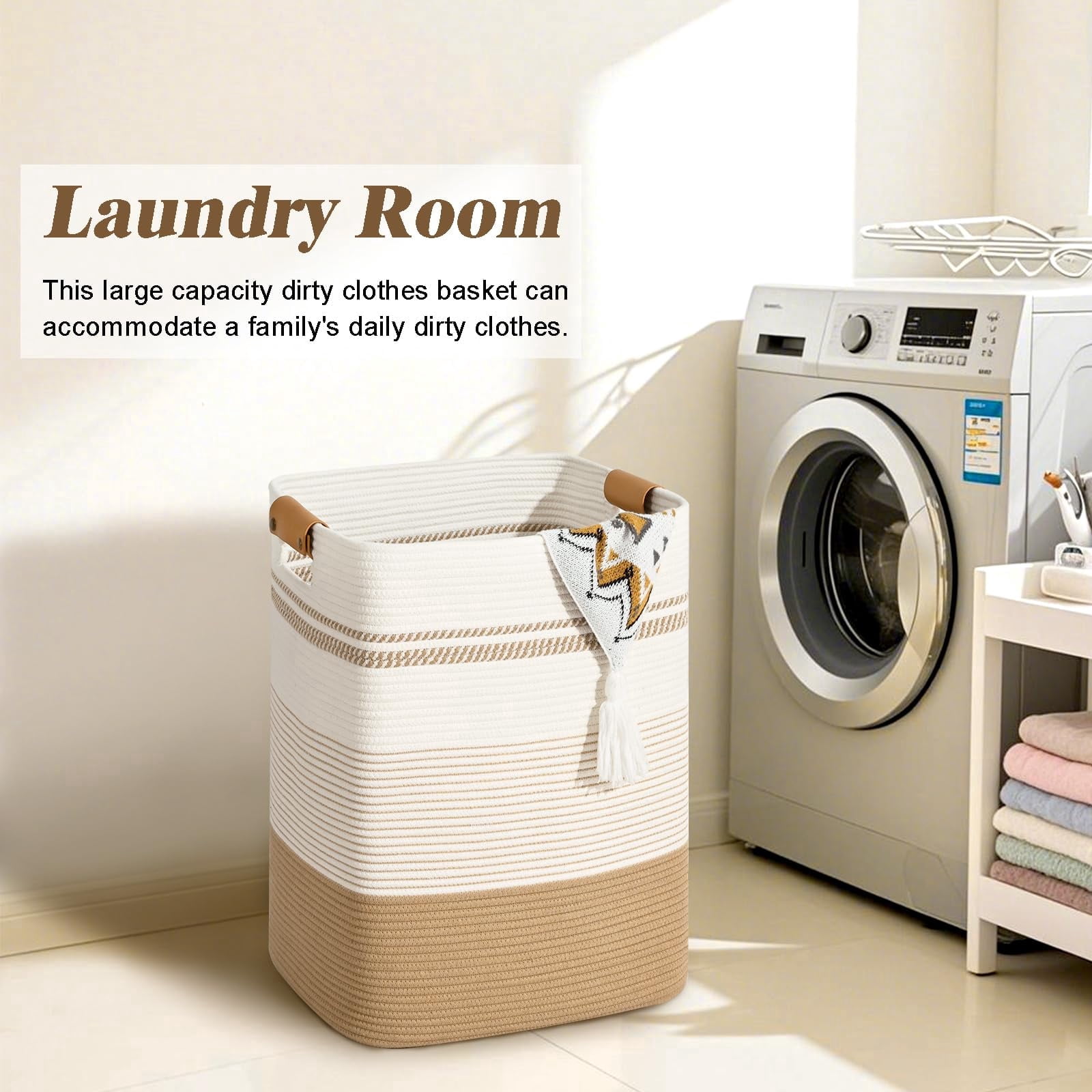 85L Large Foldable Laundry Hamper Basket with Leather Handles - Breathable Cotton Collapsible Storage Bin for Bedroom, Living Room, Dorm