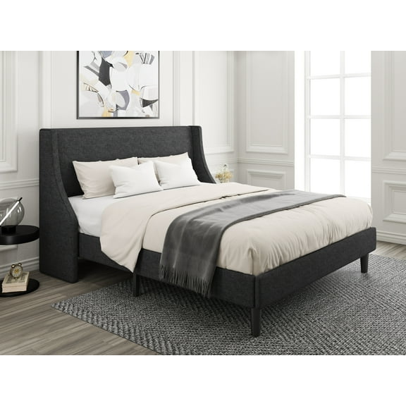 Amolife King Size Modern Platform Upholstered Bed Frame with Deluxe Wingback, Deep Grey