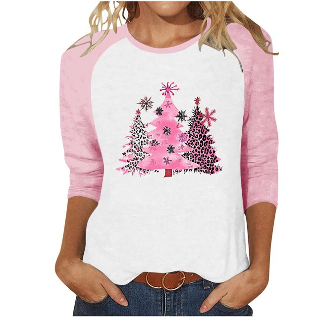 LckLvx T-Shirts de Noël pour Femmes Col Rond Manches 3/4 Raglan Chandail Tops Mignons Graphiques Décontractés