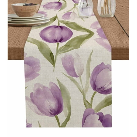 

Table Runner Dresser Scarf 13 x 48 Inch Spring Flowers Purple Tulip Flower Leaf Floral Retro Table Runners Non-Slip Heat Kitchen Dining Table Decor for Indoor Outdoor Home Party Decoration