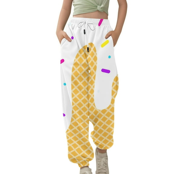 Melting Ice Cream Sweatpants For Girls Boys Pants Drawstring Elastic Waistband Sweatpants Ice Cream Cone Pattern Funny Jogging Baseball Style Sports Pants White 12-13 Years