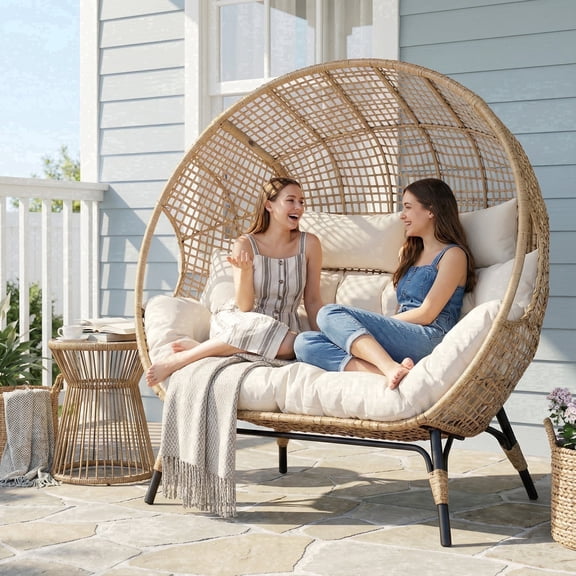 RADIATA Double Egg Chair with 6.5" Cushions, 57.1 Wide Oversized Indoor Outdoor Wicker Loveseat, Stationary Patio Lounge Chair for Balcony, Garden, Beige