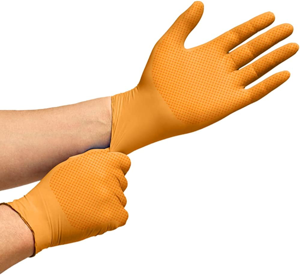 Inspire Orange Nitrile Disposable Gloves | ULTRA 8 Mil Gloves Diamond Textured for Secure Grip