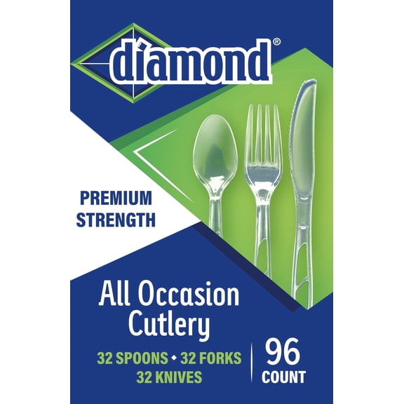 Diamond 96 Count Clear Plastic Disposable Cutlery Utensil Set – 32 Forks, 32 Spoons & 32 Knives Combo Pack (1 Box)