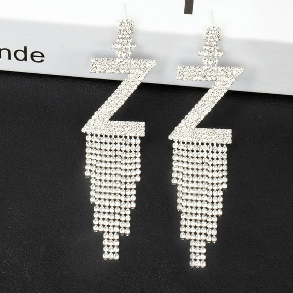 HOOUN Women's 925 Silver Needle Rhinestone Letter Earrings Banquet Tassel Earrings-Z-Silver