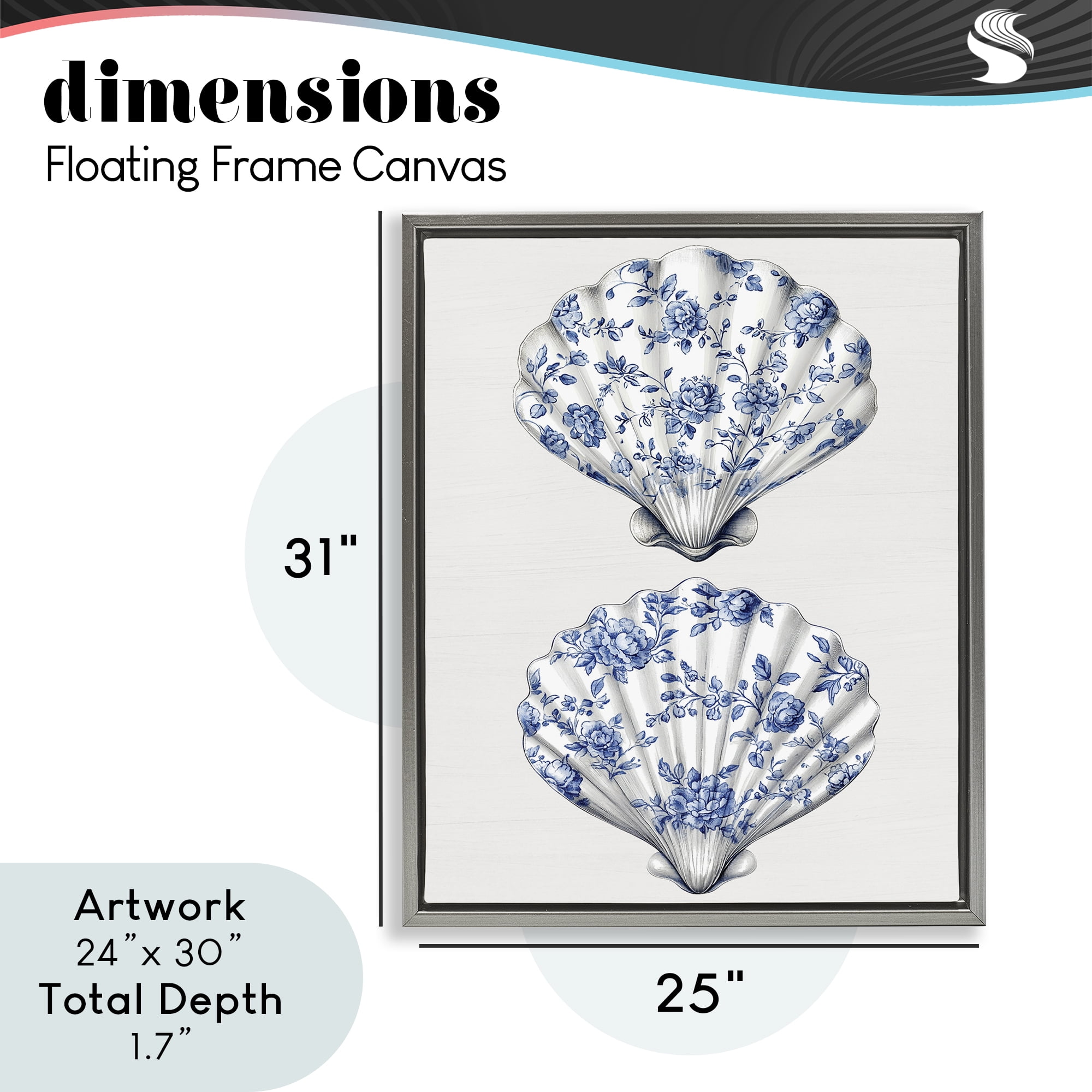 Delicate Toile Seashells Gray Framed Floater Canvas Wall Art, design by Lettered and Lined