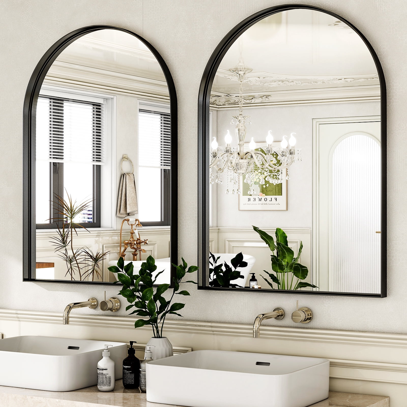 Gleamira 30"x48" Arched Bathroom Mirror Wall Vanity Mirror with Deep Frame, Black