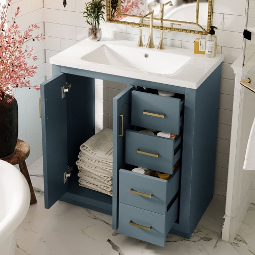 30" Bathroom Vanity with Ceramic Sink, Solid Wood MDF Cabinet, 3-Drawer Retro Vanity Set, Soft-Close Doors & 300lb Capacity, Blue