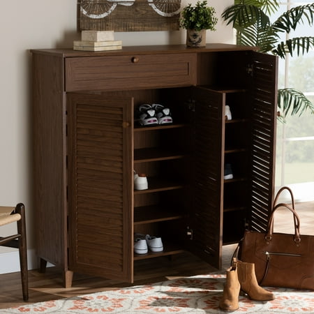 Baxton Studio Coolidge Modern and Contemporary Walnut Finished 11-Shelf Wood Shoe Storage Cabinet with