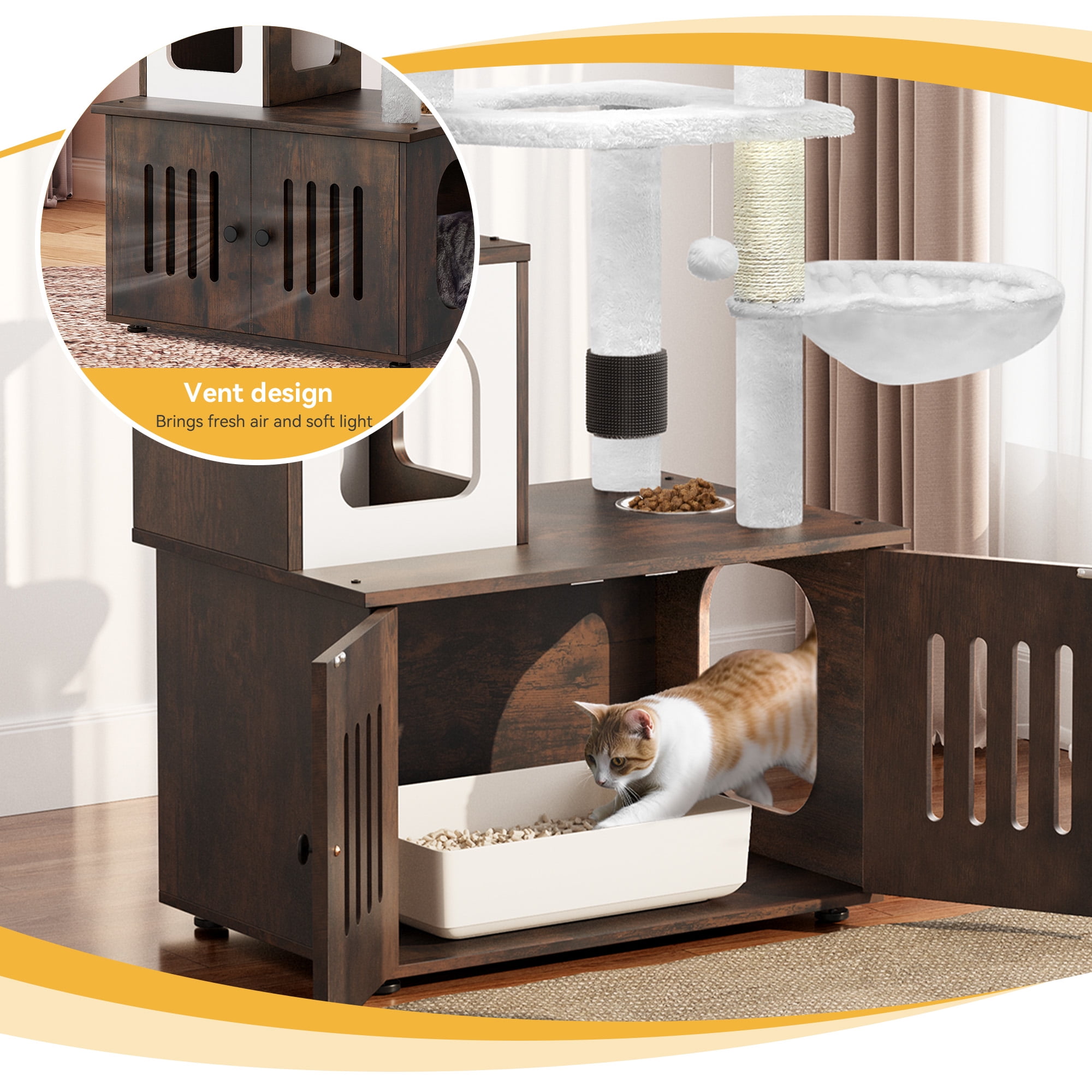 Dextrus 2-in-1 Cat Furniture Condo, 59" Cat Tree Multi-Functional Cat Tower with Litter Box Enclosure, Wood House, Scratching Post, Feeding Station, Hammocks & Brush - Rustic Brown