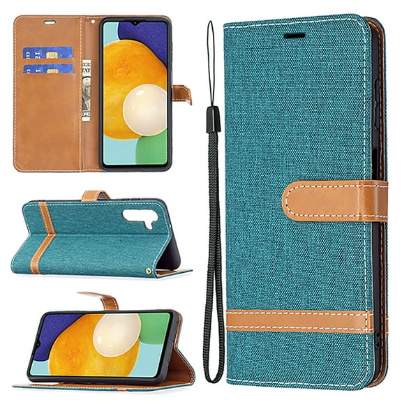 Feishell Fit for Samsung Galaxy A14 5G 6.6 inch Phone Case with Wrist Strap,Cloth Texture PU Leather Shockproof Anti-Scratch Magnetic Flip Stand Card Slots Wallet Phone Case,Green