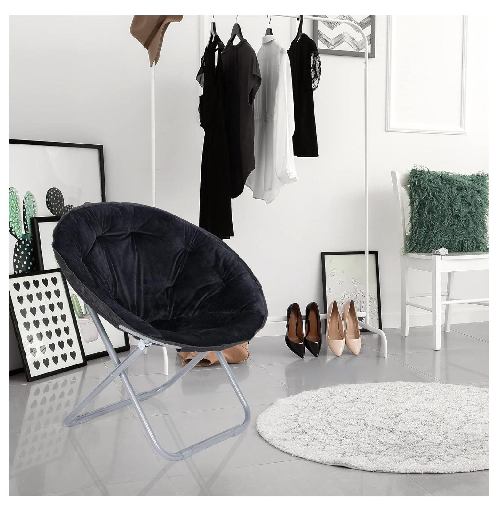 Faux Fur Moon Chair, Folding Saucer Chair for Adults, Portable Lounge Chair for Bedroom, Dorm, Patio - Black