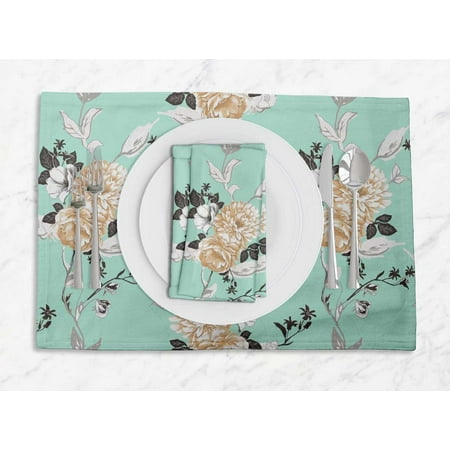 

S4Sassy Green Leaves & Peony Floral Washable Printed Dining Reversible Tablemats With Napkins Set