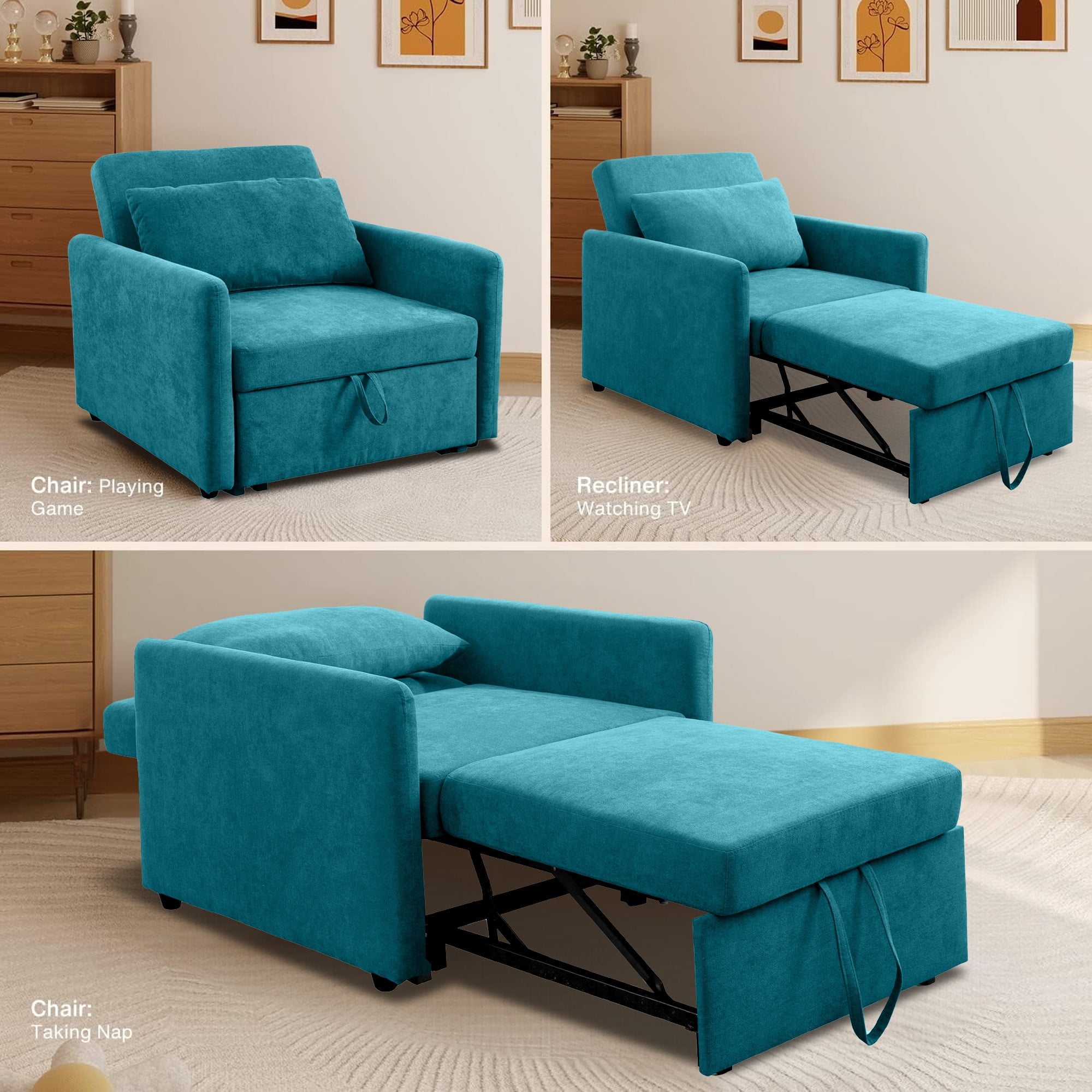Aukfa 75" Convertible Chaise Futon Pull Out Sofa Chair Bed, Adjustable Backrest, Linen, Blue