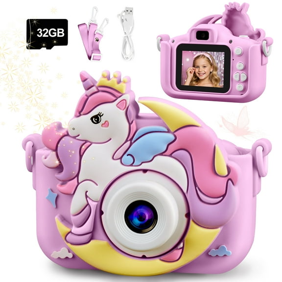 Inadays Kids Camera for Girls Boys 1080HD Photo Selfie Video Digital Cameras Toddler Unicorn Toys Christmas Birthday Gift Age 3-10 with 32GB SD Card, Purple