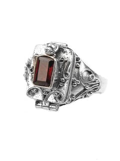 Genuine Garnet Poison Pill Box Locket Ring Sterling Silver with 14k gold Accents 