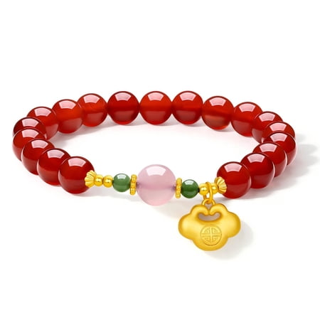 ZHOU LIU FU Red Agate Stretch Beaded Bracelet with 925 Sterling Silver Ruyi - Natural Gemstone Healing Dainty Jewelry Gift for Women 6.7"
