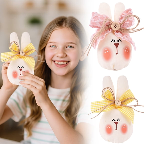 Ympkerial Flocked Easter Bunny Figurines Set with Bow, Chubby Rabbit Tabletop Ornaments for Spring Home Decor on Mantel TV Cabinet or Office