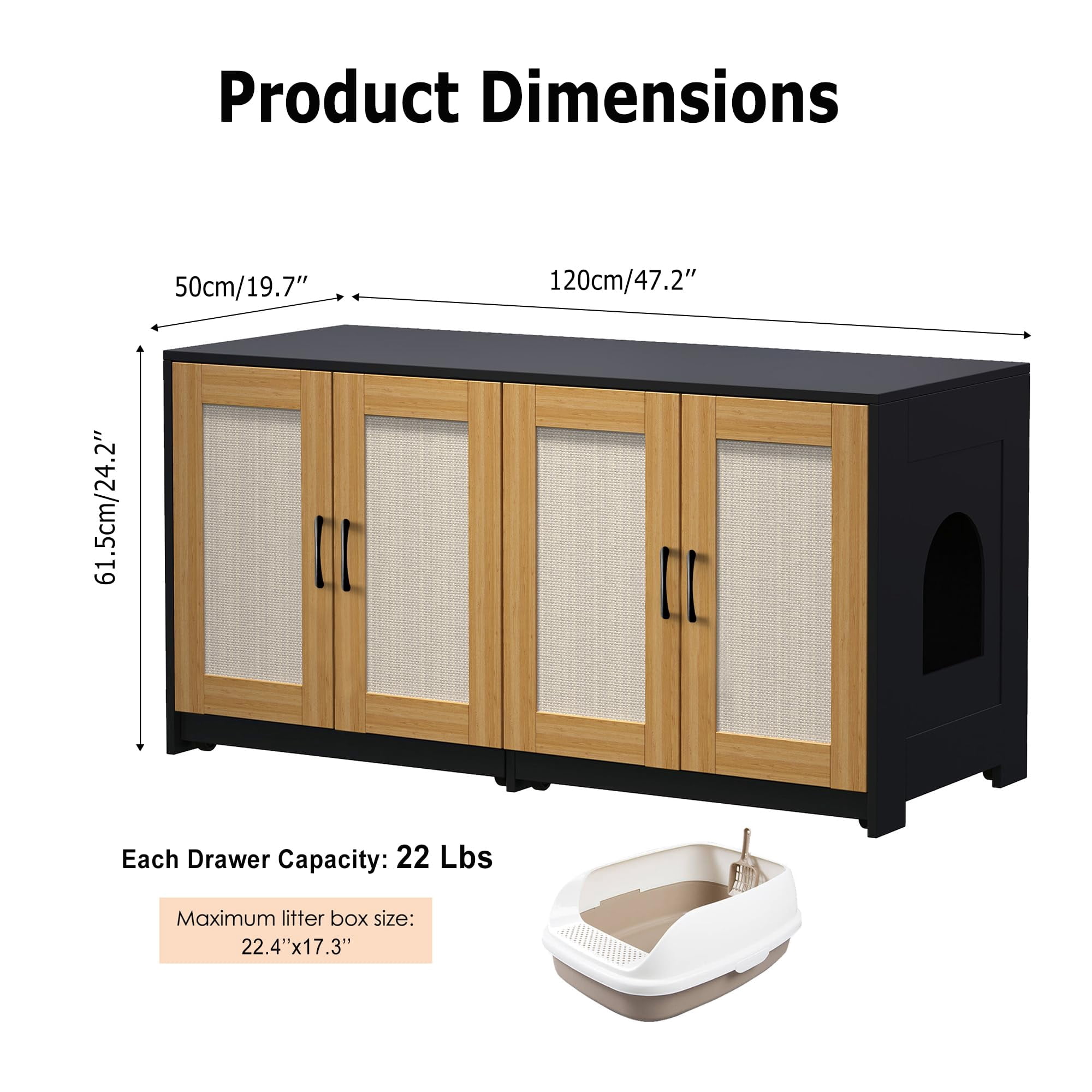 Huisuilinss Cat Litter Box Enclosure With Rattan Door,47" Hidden Litter Box With Double Room,Wood Cat Washroom Furniture,Cat House TV Stand,End Side Table Sideboard With 4 Sisal Doors