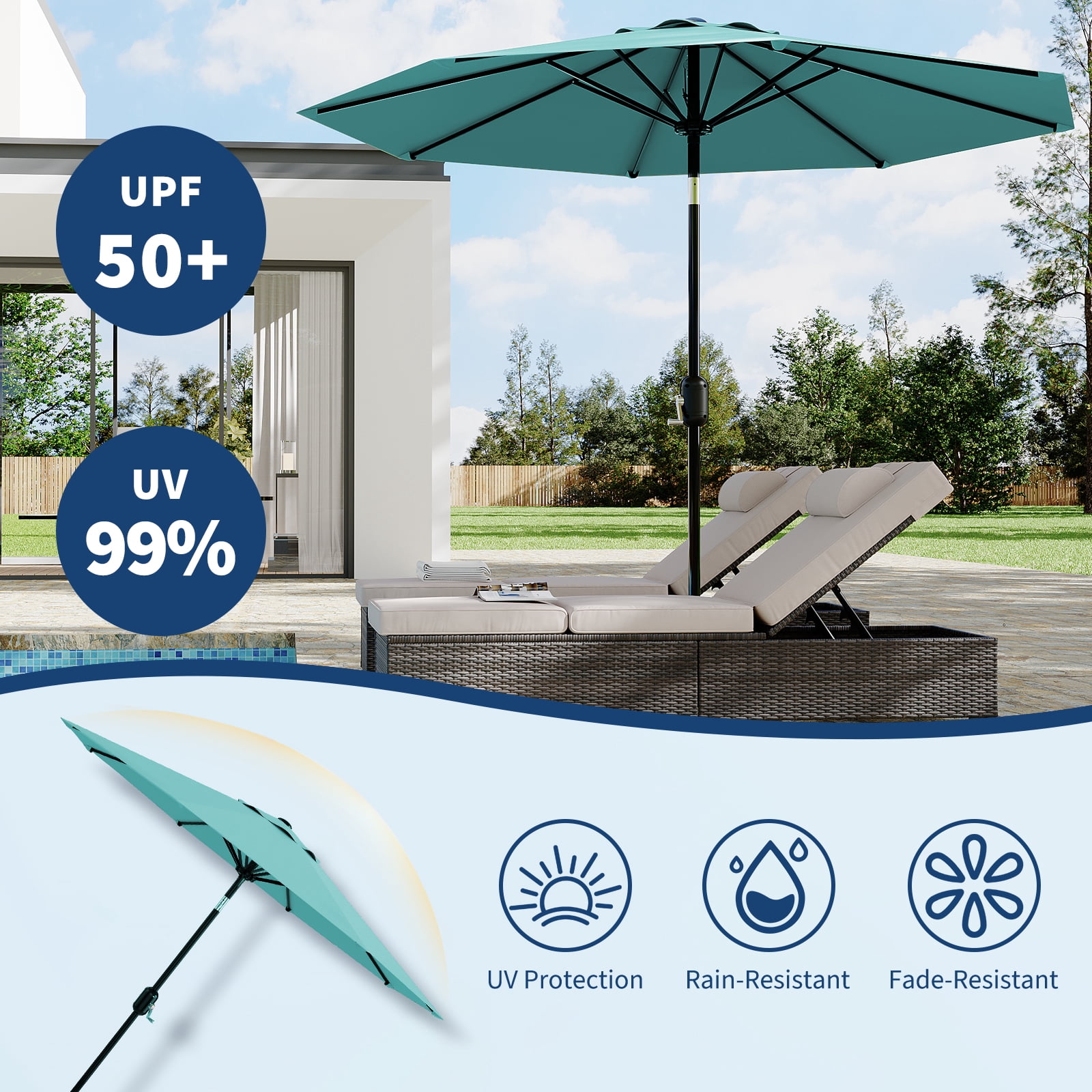 10FT Patio Umbrella Outdoor Market Sun Parasol – 8 Sturdy Ribs, 360° Adjustable Tilt & Crank, UV Protection, Waterproof, Table Shade for Deck, Pool, Garden, Camping
