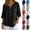 28# Black, variant on Linen Shirts for Women 3/4 Sleeve Cotton Button Up V Neck T Shirts Summer Beach Blouses Casual Boho Elbow Length Tops Red M
