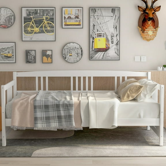 UHOMEPRO Twin Size Solid Wood Daybed, Modern Daybed Frame with Three-Side Rail and Storage, Multifunctional Sofa Bed Frame with Wood Slats for Living Room and Bedroom, White