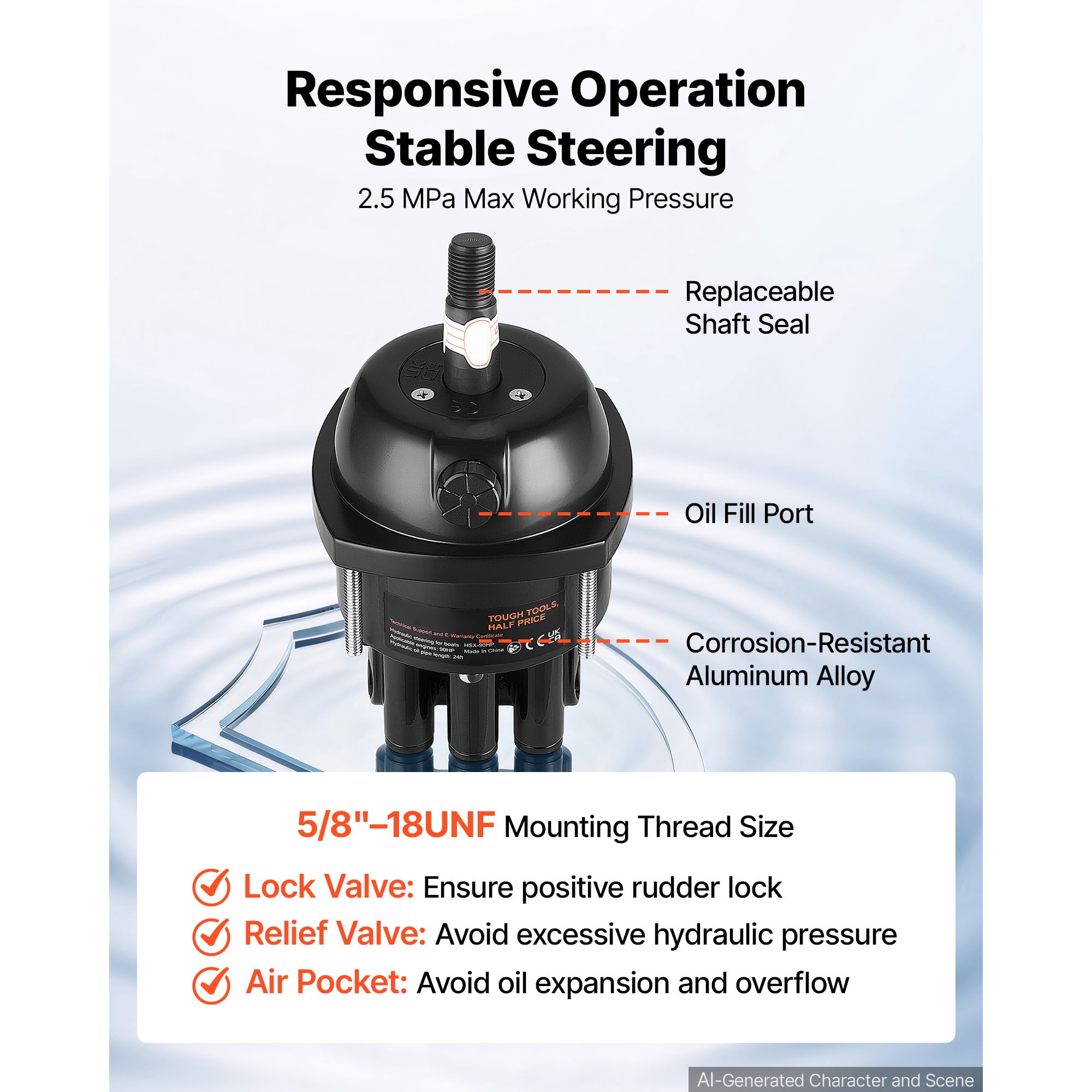 KFFKFF Hydraulic Steering Kit for 90HP Outboard Engines, Marine Steering System with 24 ft High-Strength Hoses, 2.5 MPa Helm Pump, Two-Way Lock Cylinder, Designed for Single-Engine Boats
