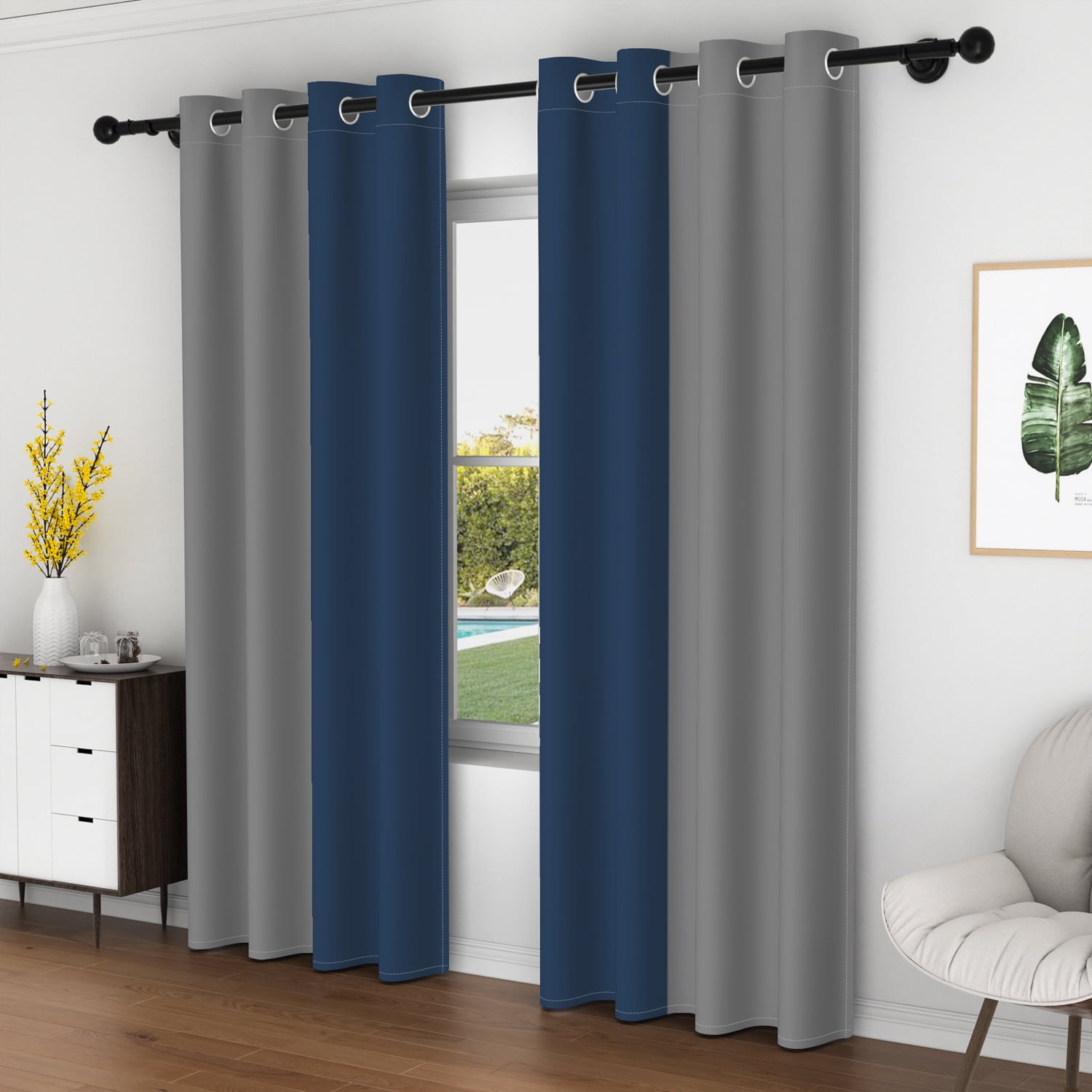 Lfeey Blackout Curtains 96 inches long, Navy Blue Gray Grommet Curtains, 2 Panels