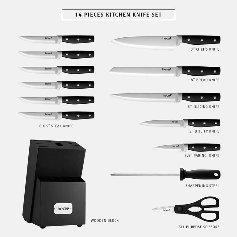 Hecef 14 Pcs Kitchen Knife Block Set, High Carbon Stainless Steel Cutlery  Set with 6 Steak Knives 