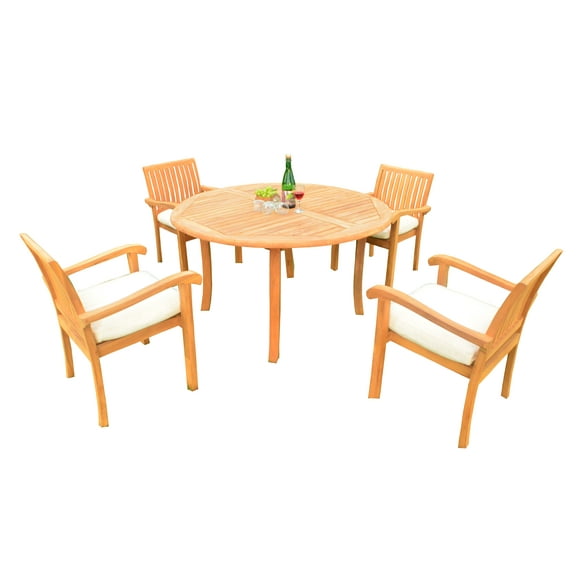 5 PC A Grade Outdoor Patio Teak Dining Set - 48" Round Table & 4 Naples Stacking Arm Chairs