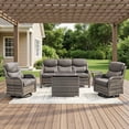 thumbnail image 4 of POCASSY 5-Piece Patio Furniture Set with Fire Pit Table, Luxury High Back Rattan Wicker Outdoor Conversation Set with 5-inch Thick Seat Cushion Sofa and Swivel Glider Patio Chair for Porch, 4 of 17