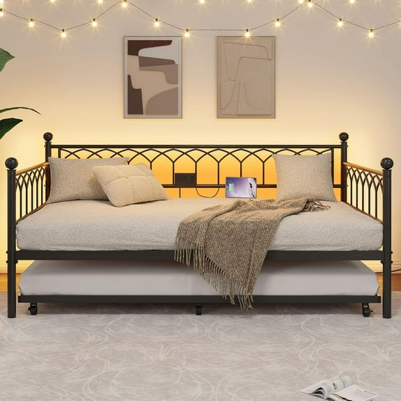 Yeshouse Twin Size Daybed with Pop-Up Trundle & LED Lights, Pull Out Bed with Charging Station and Pull Out Turundle, Metal Sofa Bed Frame for Living Room Bedroom Apartment