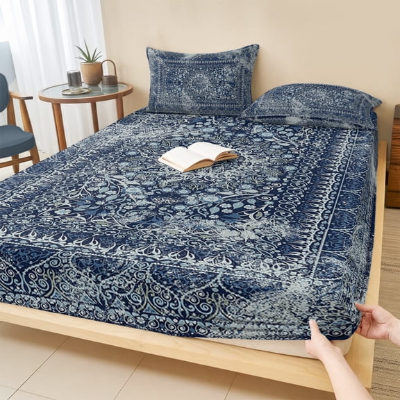 King Size Fitted Sheet Set - Boho Blue 3 Piece Bedding Sets 16" Deep Pocket Fitted Sheet with 2 Pillowcases, Vintage Ethnic Modern Geometric Abstract Brushed Microfiber Hotel Luxury Bed Sheets