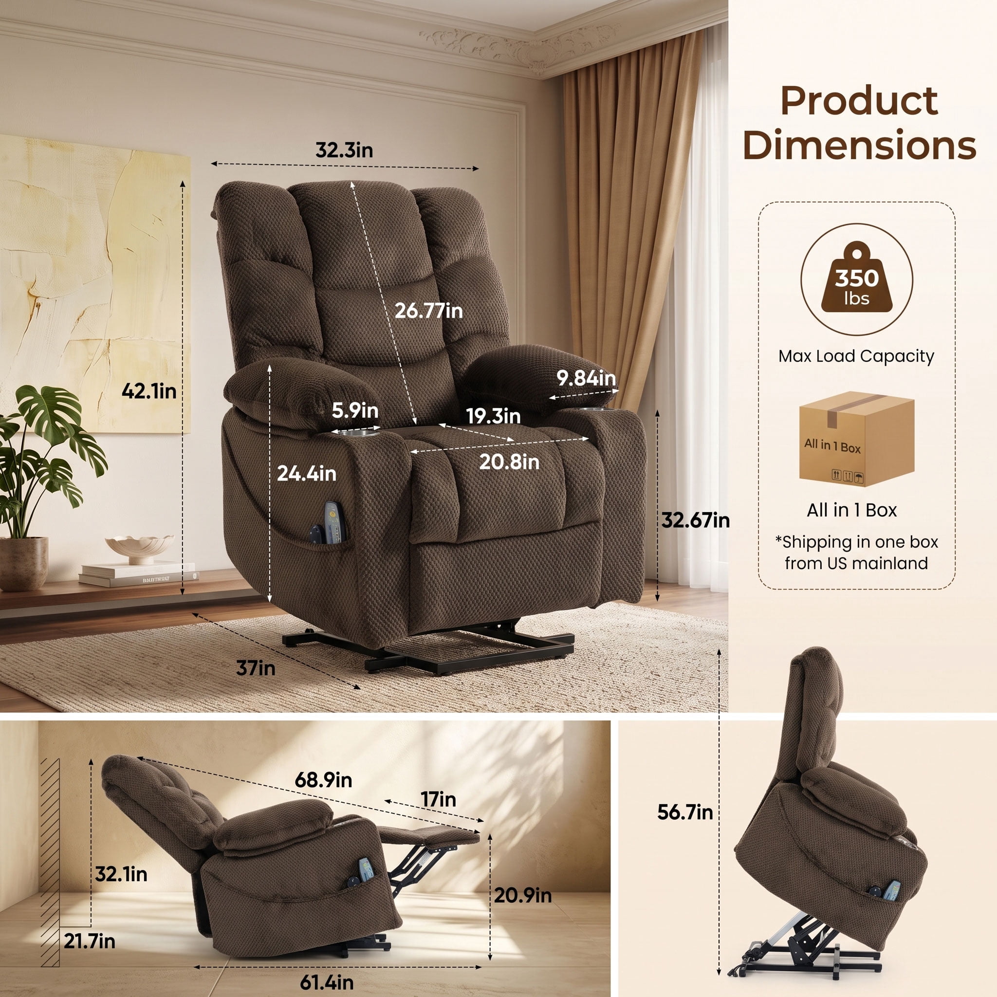 Anpport Ultra‑Wide Power Lift Recliner Chair, Velvet Rotating Electric Recliner with Massage Heating Function, Metal Cup Holder & Side Storage, for Living Room, Bedroom, Office, Brown