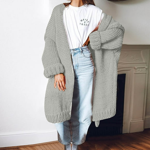 Virmaxy Cable Knit Cardigan Women's Fashion Knitted Long Pattern Cardigan Sweater Coat Chunky Knit Cardigan Gray-A 2XL