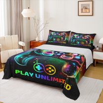 Manfei Eat Sleep Game Bed Sheets, Gamepad Geometric King Sheets, Mystic Stars Galaxy Sheet Set, Lightweight Room Decor, 4-Piece