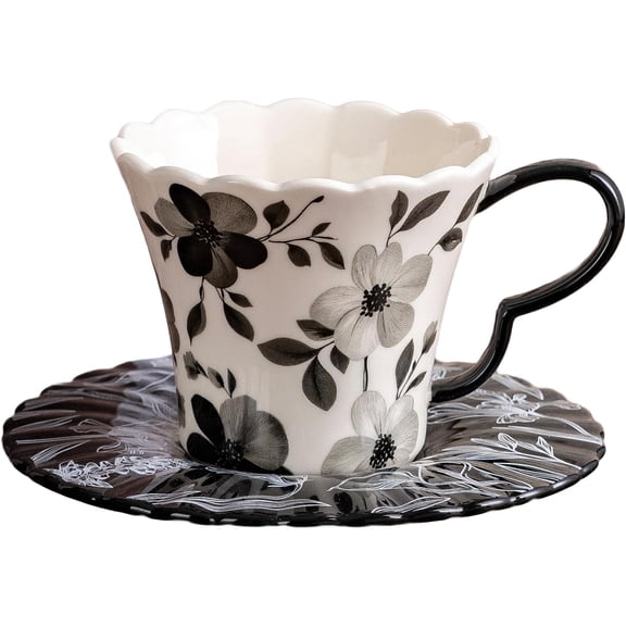 Ceramic Coffee Mug and Saucer Set - 260ml Porcelain Latte Cup with Floral Design for Espresso, Cappuccino, Tea - Home, Office, Kitchen Use (Black)