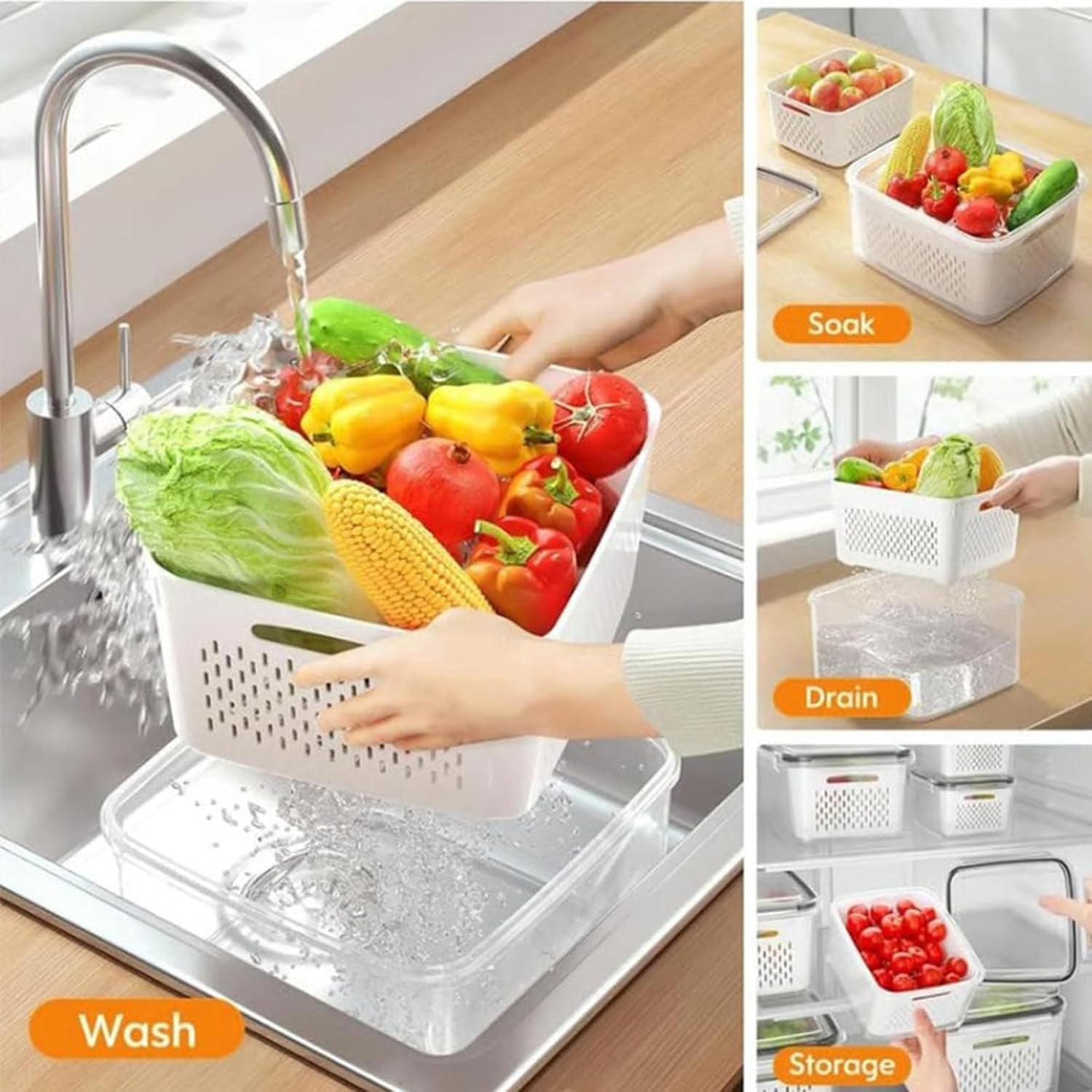 Food Storage Containers For Fridge With Removable Colander, BPA Free Produce Saver, Transparent Fruit Box with Drain Basket for Veggies and Kitchen