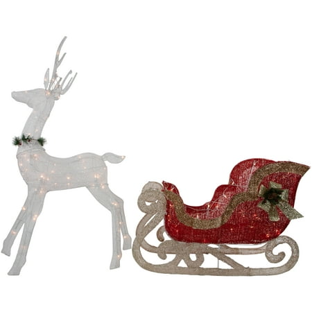 51" Lighted White Reindeer with Sleigh Christmas Decoration