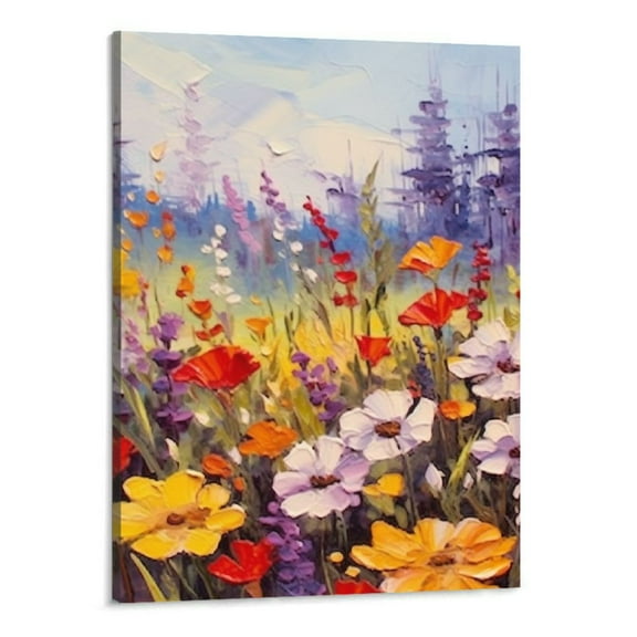 Shiartex  Flowers Wall Art Daisy Colorful Canvas Floral Pictures Spring Purple Painting, Landscape Artwork Framed for Living Room Bedroom Bathroom Dinning Room Kitchen Office Home Decor 16x20 Inch
