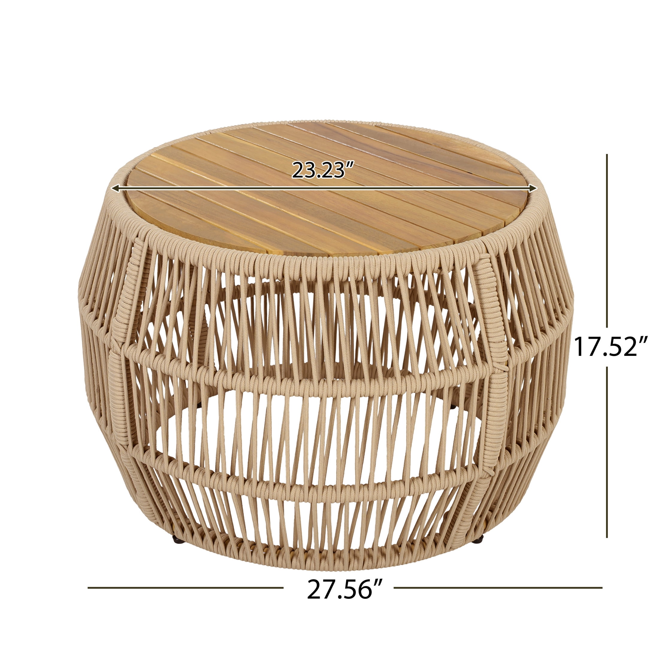 Christopher Knight Home 27.6" Coastal Round Wood Side Table with Rope Frame, Weather-Resistant, Light Beige