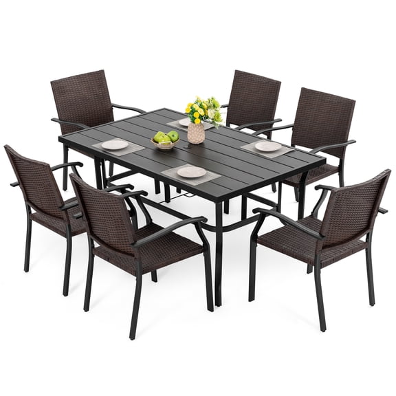 Nuu Garden 7 Pieces Patio Dining Set, Large Rectangle Metal Table with 1.57’’ Umbrella Hole, 6 Wicker Dining Chairs, Mixed Color and Weather-Resistant, Black