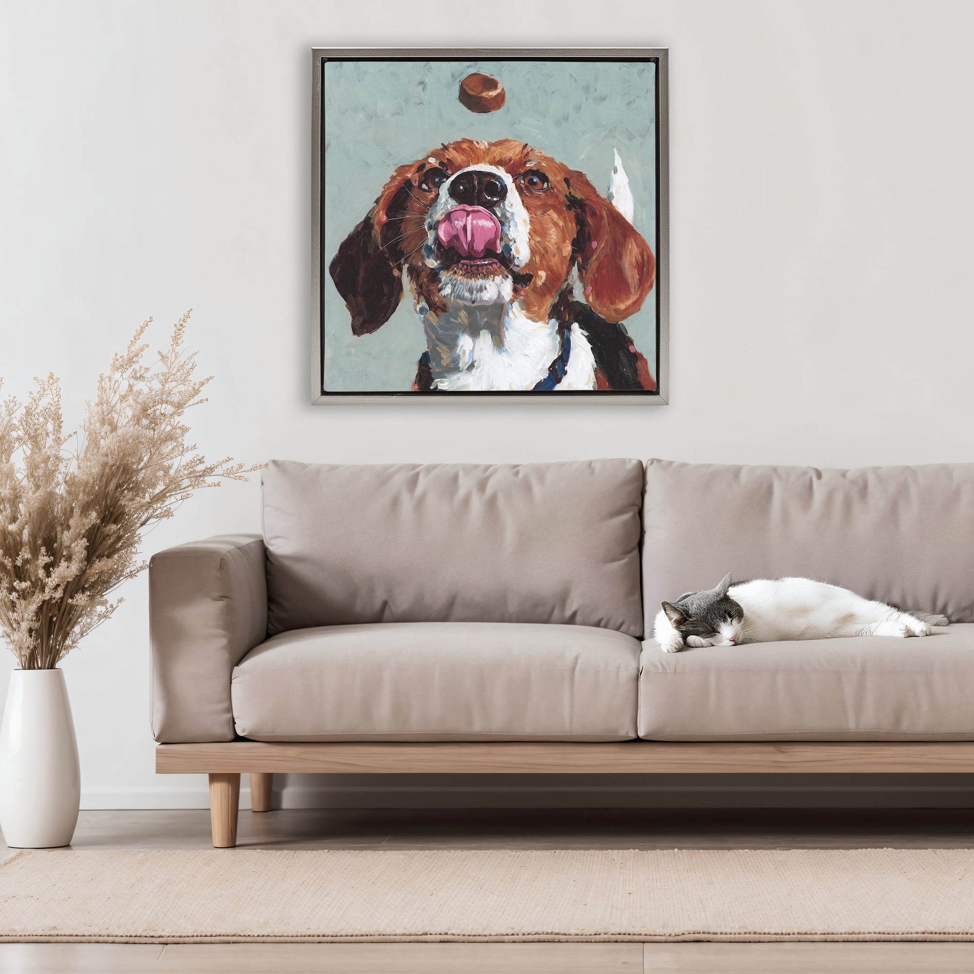 Stupell Industries Beagle Treat Excitement Gray Framed Floater Canvas Wall Art, design by Studio Bautista